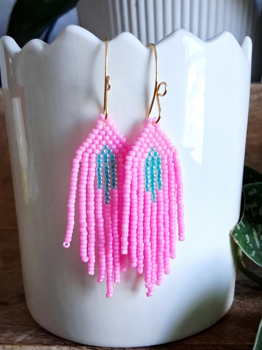 Pink Beaded Fringe Earrings with Aqua Accent - Gold Hooks